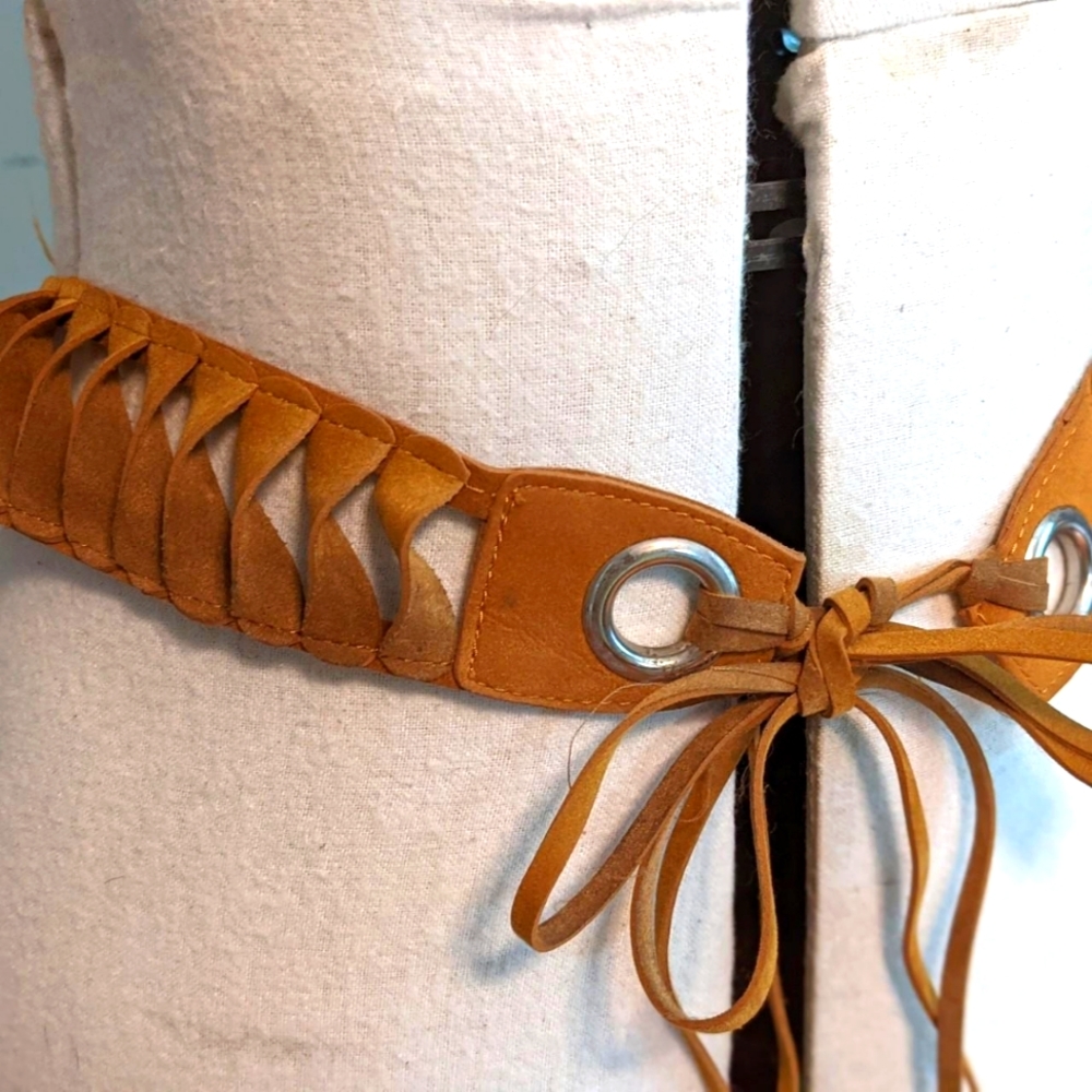 Low waist Tie Belt in Tan / Camel faux suede 36" Large